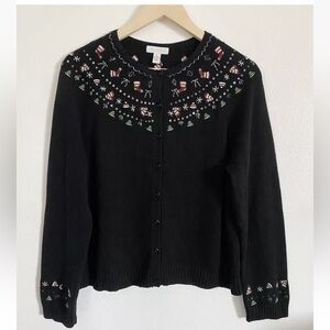 Christmas Sweater Cardigan Embroidery Beads Fair Isle Black Charter Club Sz P/L